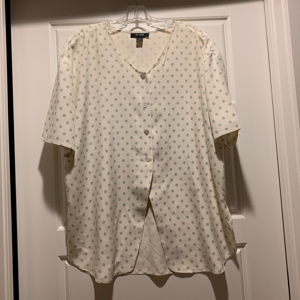 #1/62 Silk house 100% silk women’s shirt, button down, polka dot , size L